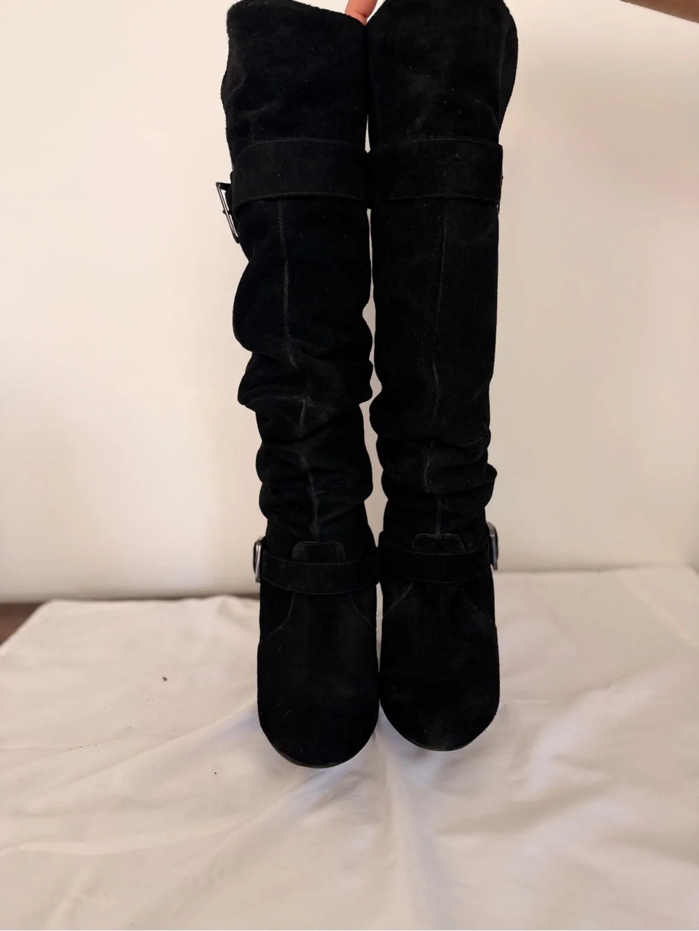 Over-the-Knee Black Suede Women’s Boots with Buckle Detail